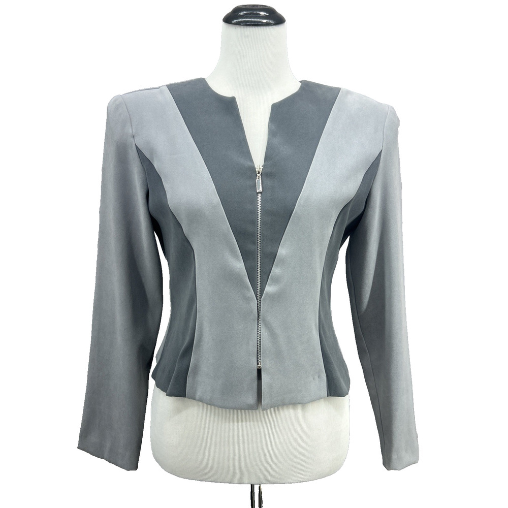 Jason Mathews‎ Womens 4 Grey Geometric Colorblock Zip Up Jacket Collarless Mod